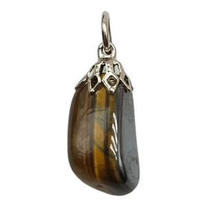 Polished Stone Tumbled Brown Tigers Eye Pendant Silver Tone Vintage